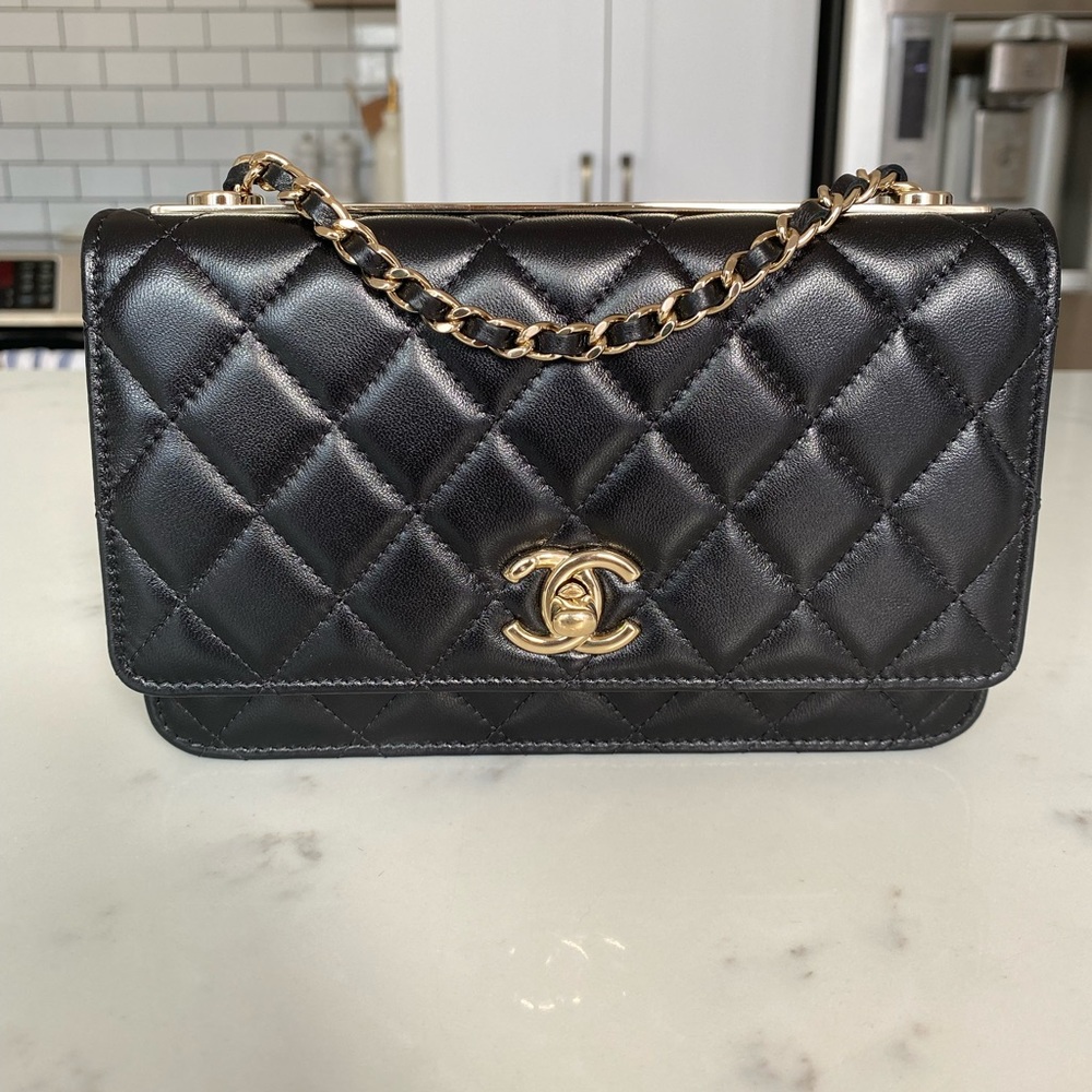 Authentic CHANEL Black Lamb Leather Trendy Wallet On Chain